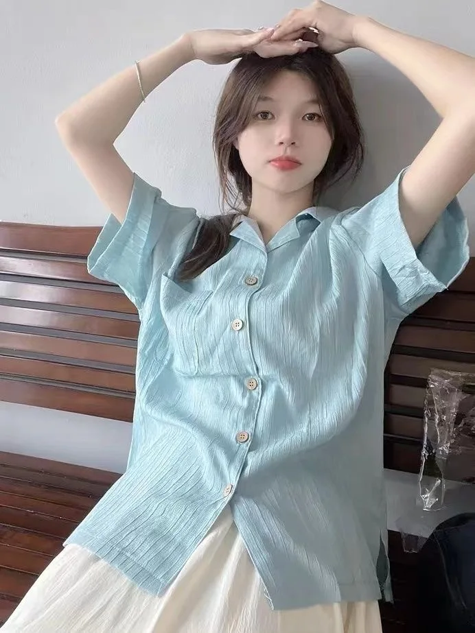 

Short Sleeve Shirts Womens French Exquisite Cotton Shirring Pintuck Cropped Shirt Modern Artistic Urban Student Youthful Chic