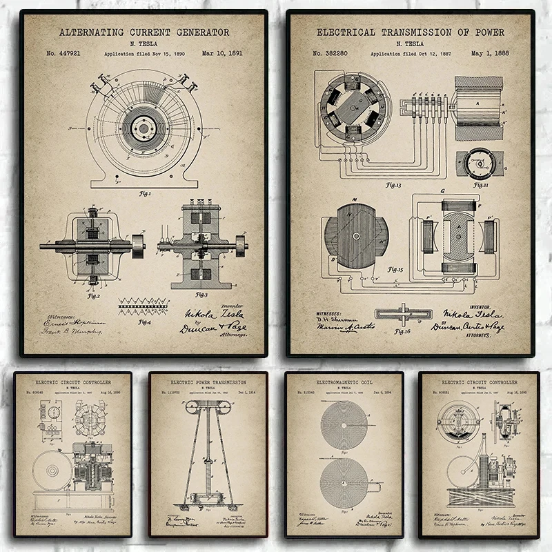 Pósteres de patente eléctrica Tesla Vintage, impresiones en lienzo, pintura, imagen artística de pared para decoración del hogar y la Oficina, regalo de ingeniero eléctrico