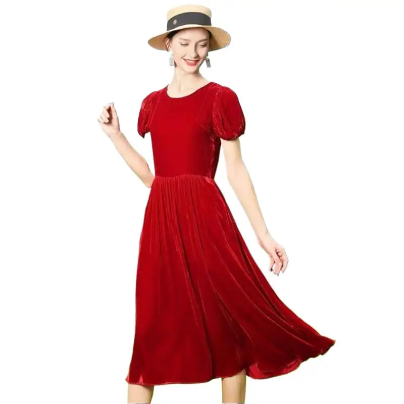 

Elegant Puff Sleeves Spring Party Dress Women Fashion O-neck Slim long maix velour Dress Summer Office Lady velvet Dress Vestido