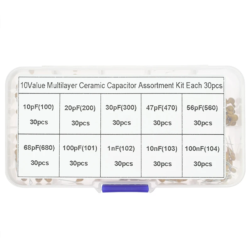 300PCS 10Value 50V 10pf 20pf 30pf 47pf 56pf 68pf 100pf 1nf 10nf 100nf Multilayer Ceramic Capacitor Assortment Kit YANXD