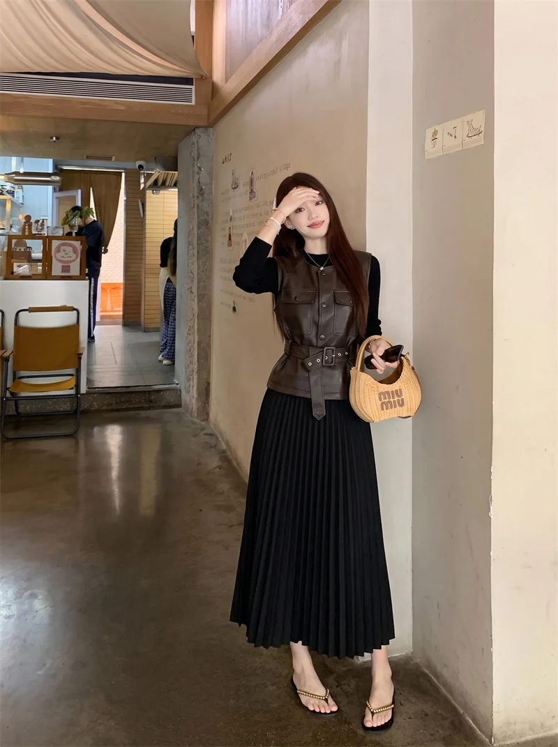 YZJNH2026 Autumn New Half length Skirt Set Women's Korean Large Size Fashion Leather Vest+Half height Collar Folding Long Dress