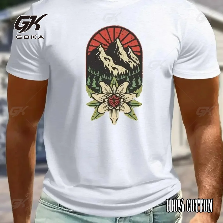 Retro Mountain Sunset with Edelweiss Flower Outdoor Nature Graphic T-Shirt Unisex Clothes Dark Gray Casual Crewneck Tops