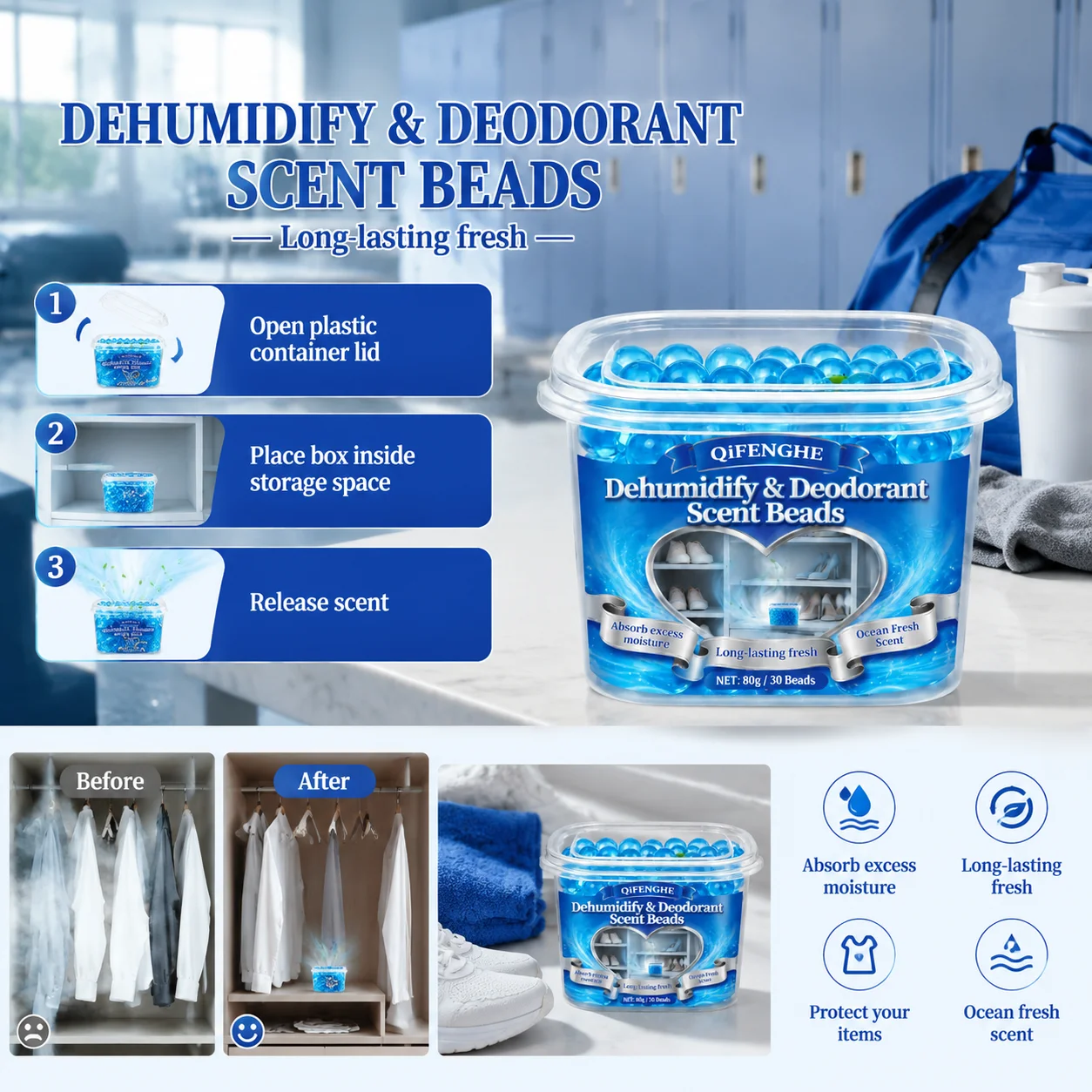 Odor Eliminating Shoe Cabinet Deodorizer Beads for Entryway Closet Remove Damp Smell Long Lasting Ocean Fresh 80g Pack