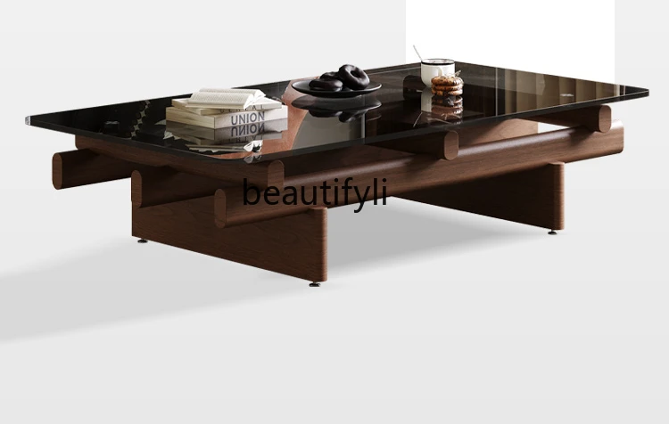 2024 new medieval style coffee table living room household solid wood, tempered glass light luxury high sense