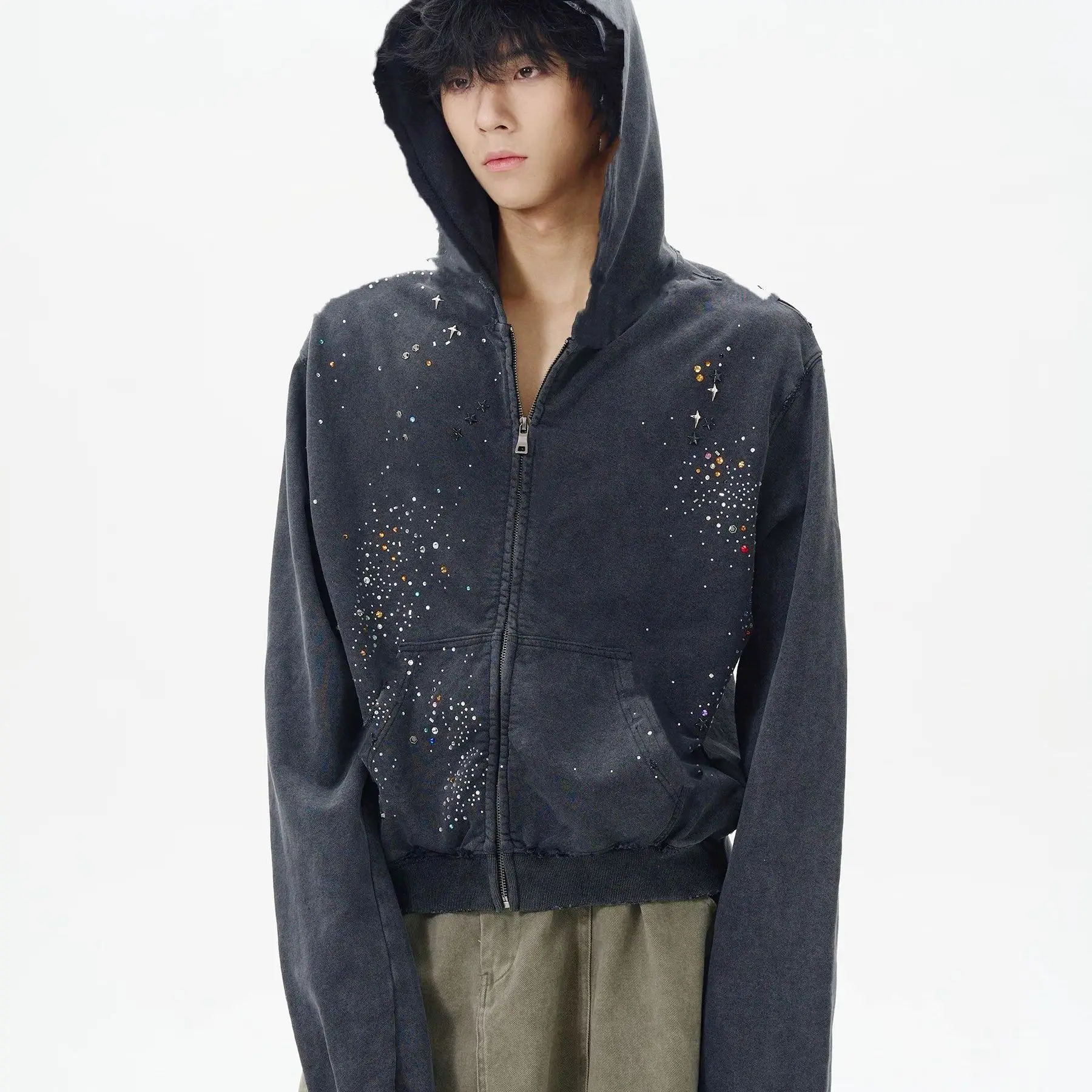 Men Hooded sweatshirt Distressed Vintage Hoodie Coat Rhinestone Sweatshirts Zipper Streetwear Autumn Winter 2026 Jackets