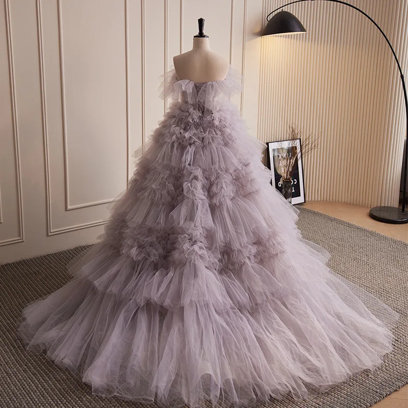 Customized Purple Ball Gown Evening Dresses Tulle Court Train Elegant High End Formal Occasion Prom Birthday Party Gowns