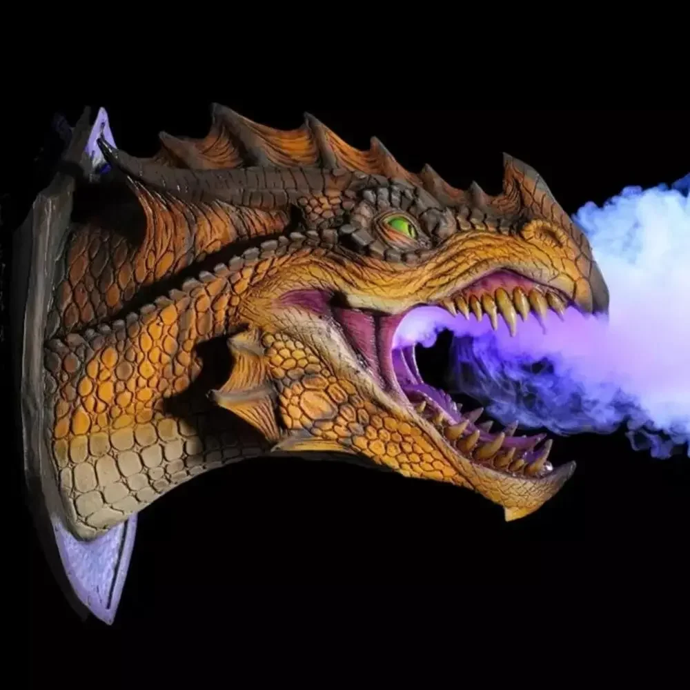 3D Dragon Head Wall Mounted Sculpture with Led Smoke Dinosaur Head Humidifier Led Light-Emitting Prop Home Hanging Decoration