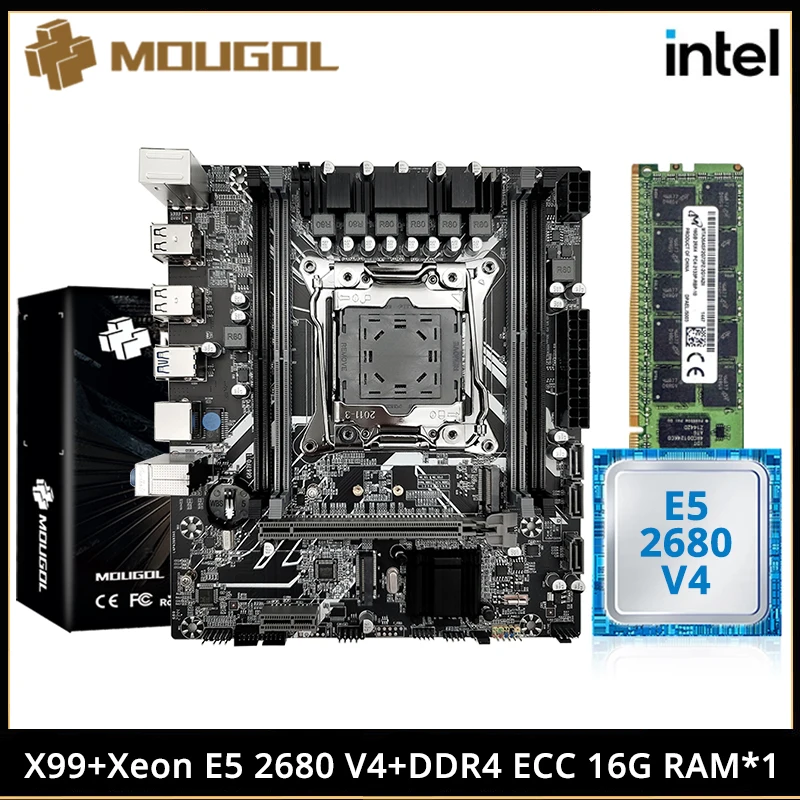 MOUGOL NEW X99 Motherboard Set with Intel Xeon E5 2680 V4 CPU & Dual Channel DDR4 16Gx1 2133MHz ECC RAM M.2 for Gaming Computer