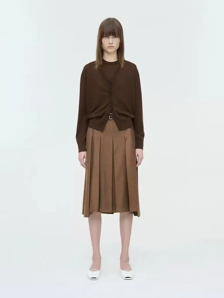 กระโปรงผ้าวูลลำลอง เอวสูง จีบพลีท สไตล์เกาหลี สำหรับผู้หญิง แฟชั่นฤดูใบไม้ผลิ 2025 ทรงเอ หลวม สไตล์เกาหลี