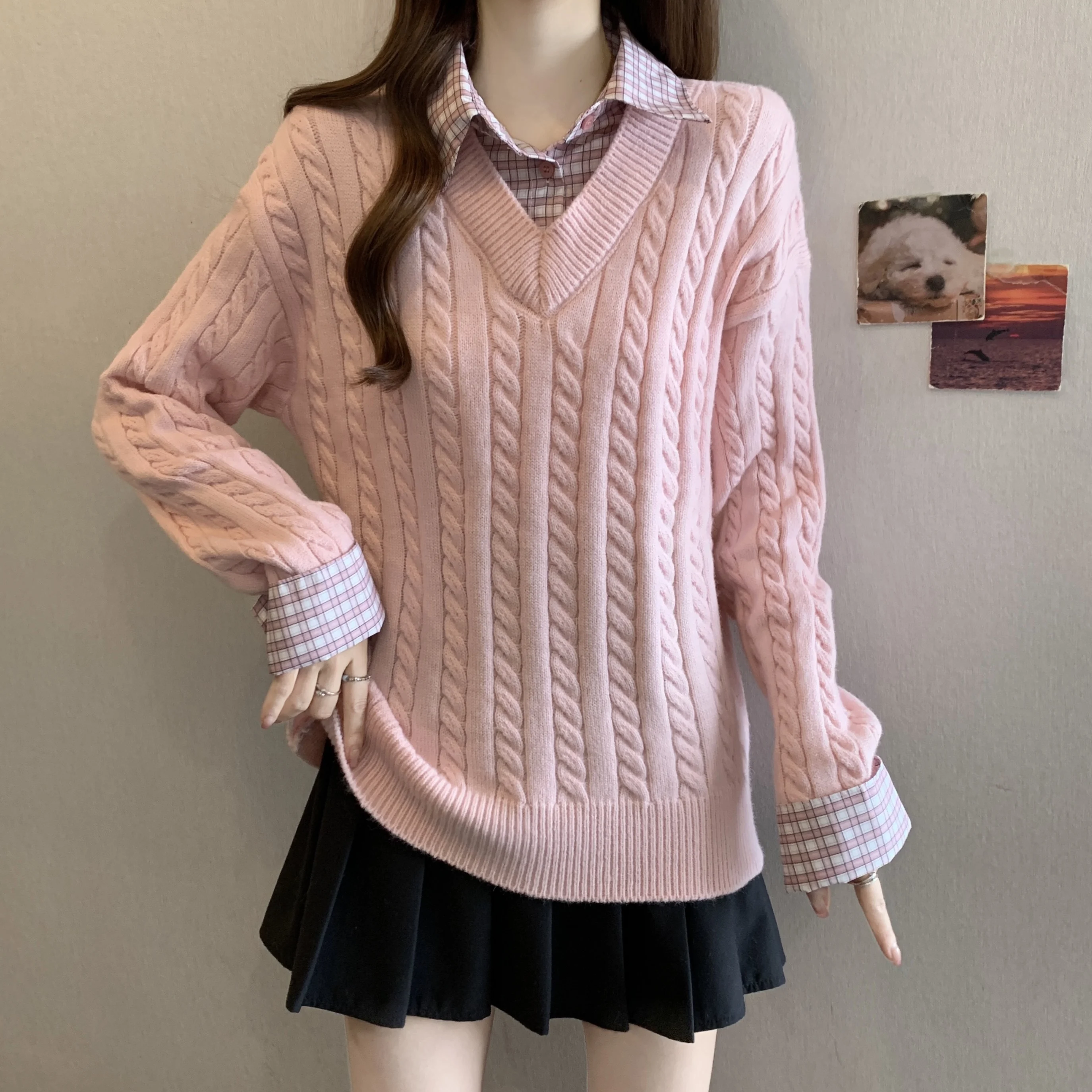 

Женская трикотажная одежда больших размеров: топ с воротником, облегающий, в корейском стиле, с эффектом двухслойности, длинный рукав, повседневная одежда