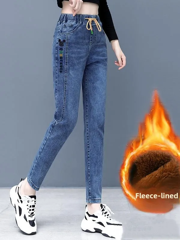 

High Waist Elastic Waist Fce Lined Women's Jeans Loose Long Straight Leg Casual Harlan Pants Thiened Winter Denim