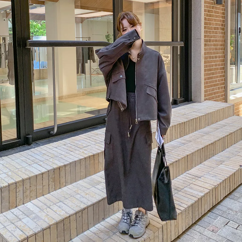 

SuperAen 2025 Spring and Autumn New Korean-style Oversize High Street Jackets Loose A-line Skirt Two-piece Sets