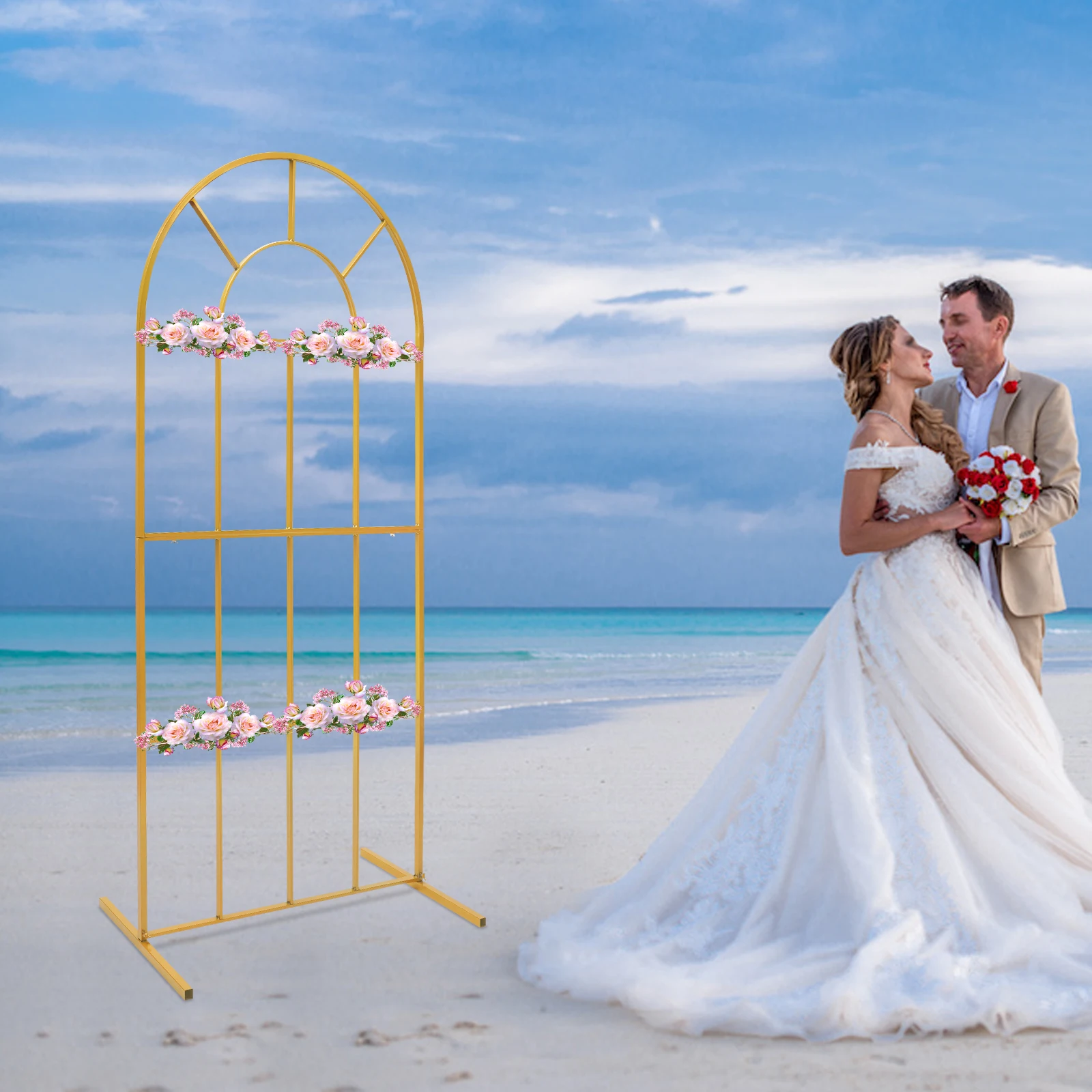 

39 X 79in Round Top Display Backdrop Stand, Gold, Metal Wedding Arch Frame for Flowers Balloons