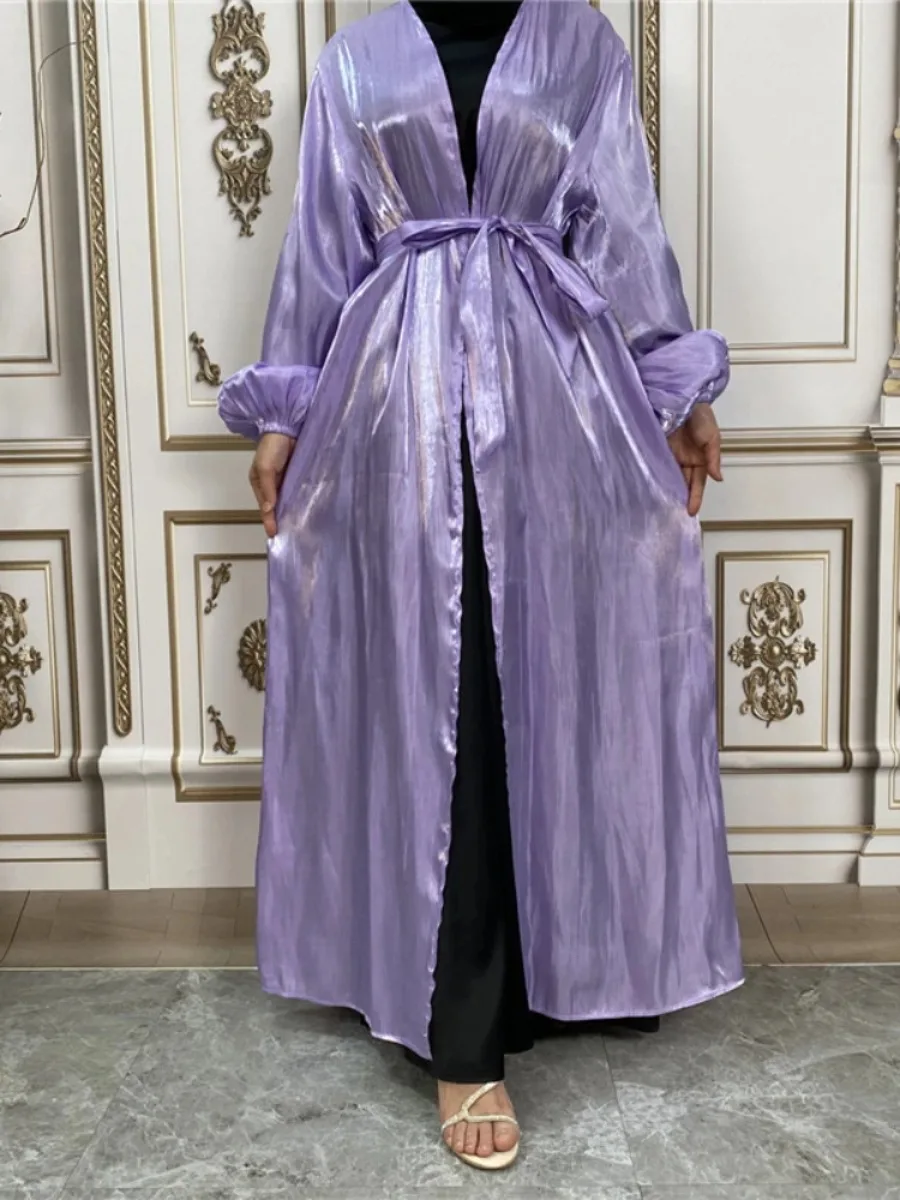 

Ramadan Party Dresses for Women Abaya Eid Sliky Puff Sleeve Belted Kaftan Abayas Muslim Dubai Gowns Morocco Evening Vestiods