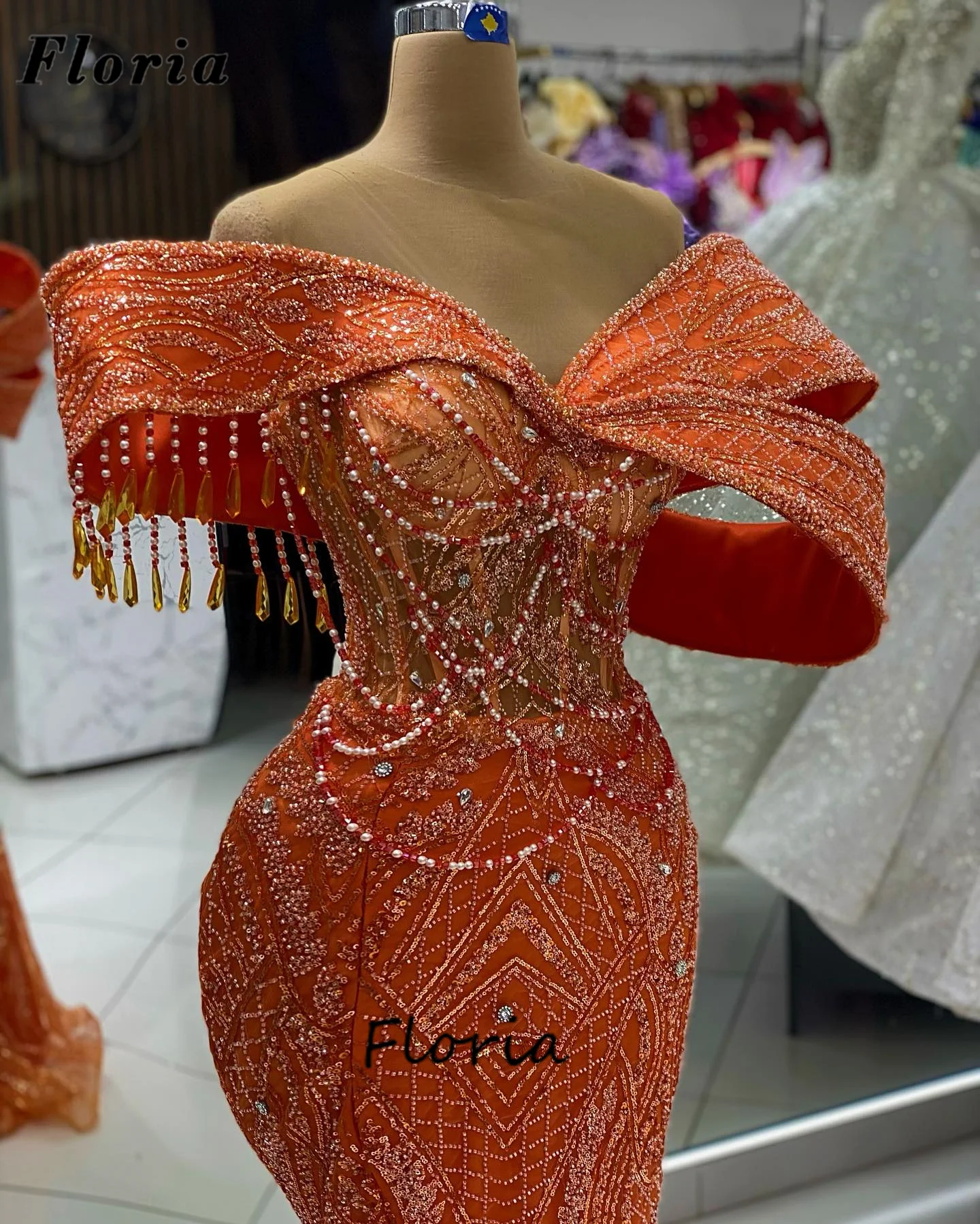 Luxury Off Shoulder Party Dresses African Dubai Mermaid Celebrity Dress Robes De Soiree Beaded Tassel Evening Gowns Customized