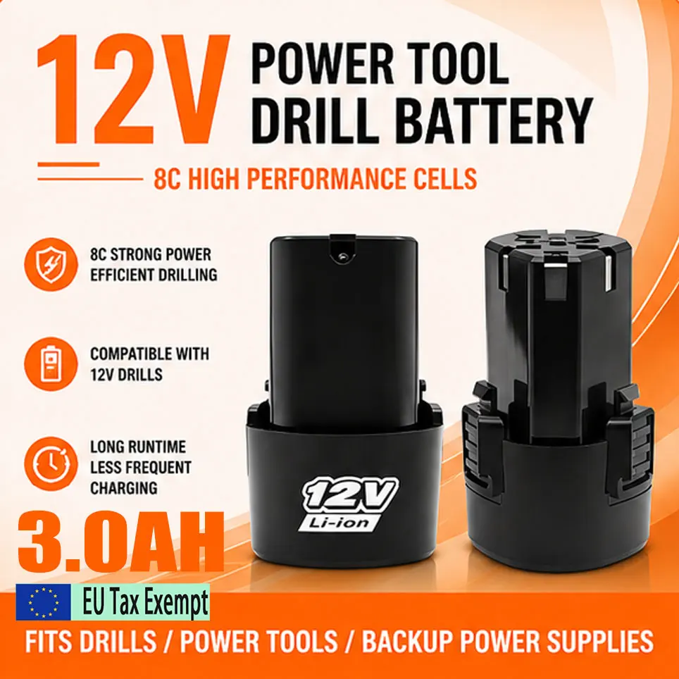 Ersatz-Akku-Set 12V 3,0Ah Lithium-Ionen-Akku mit Ladegerät für DKCD Elektroschrauber, Bohrmaschine, Winkelschleifer und Schlagschrauber