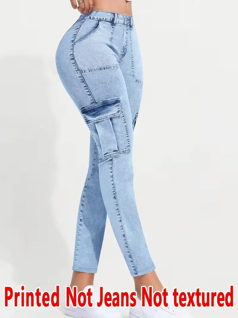 Women Printed Leggings Not Denim Fabric, Fake Pocket & Button Print Design Pants, High Elastic Fashion Slim Fit Skinny Casual