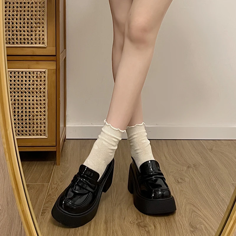 Retro Woman Shoes Slip-on Oxfords All-Match Black Flats Clogs Platform Loafers With Fur Slip On Leather Creepers On Heels High M