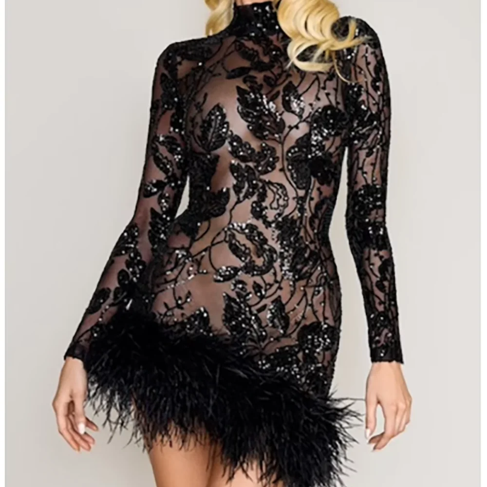 エレガントなハイカラーアップリケフルスリーブフェザーミニフォーマルイブニングドレス誕生日パーティープロムドレスカスタマイズ