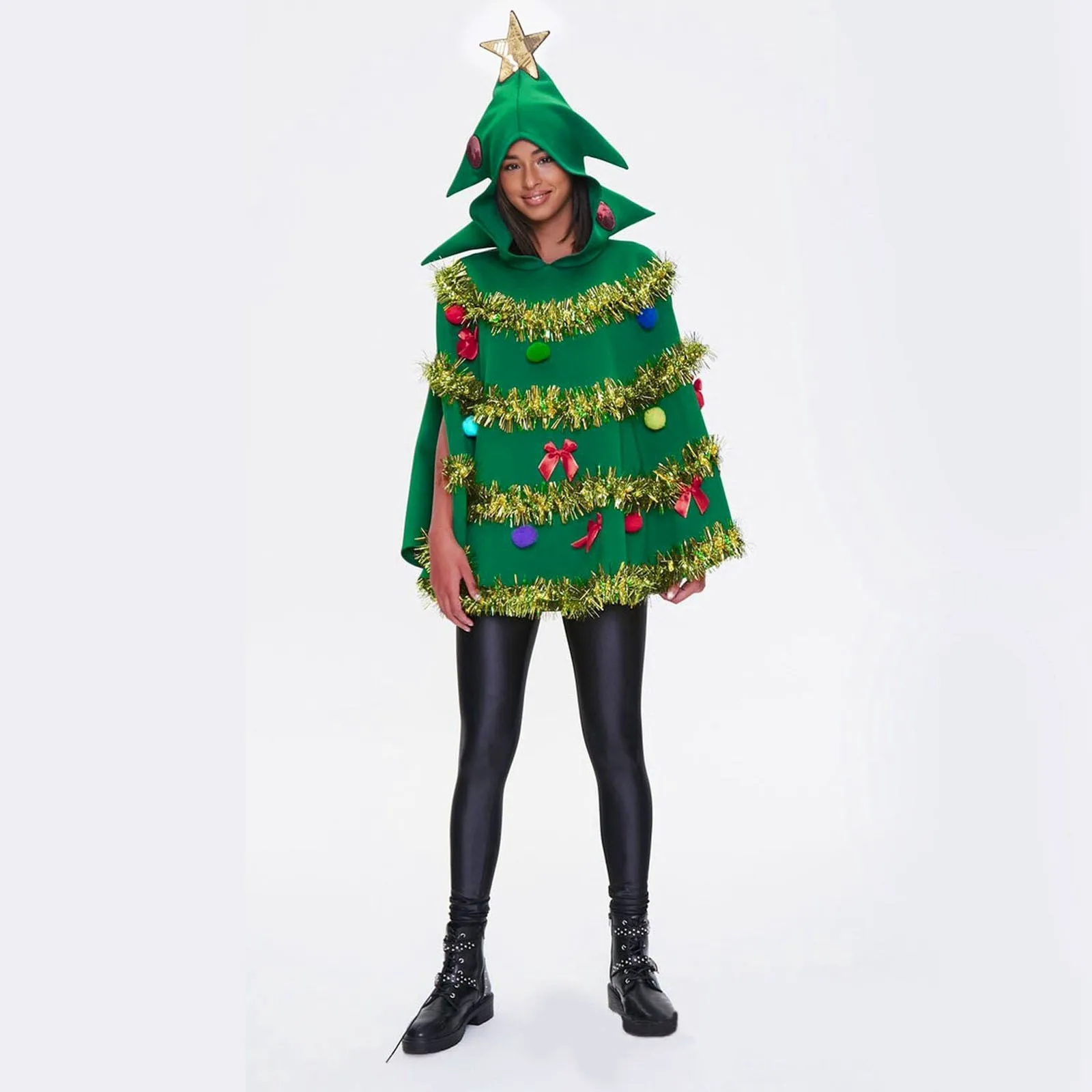 Christmas Tree Poncho Costume Adults Women Men Bow Ball Decor Hooded Cloak Cape Party Prop for Cosplay Party Role-Playing 2024