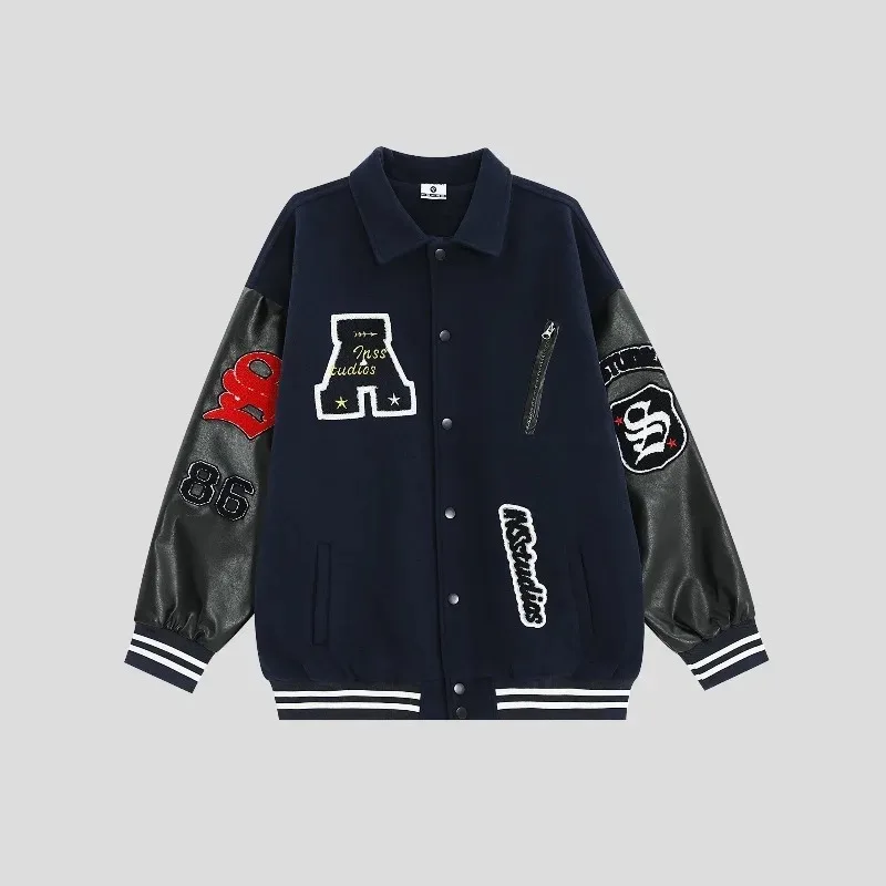 American Retro Embroidered Baseball Uniform Women Varsity Jackets Spring Autumn Spliced PU Sleeves Vintage Bomber Jacket Women