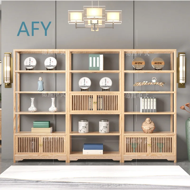 White Wax Wood Antique Display Rack for Tea Set Solid Wood Shelf for Book and Decor New Chinese Style Lighted Cabinet for