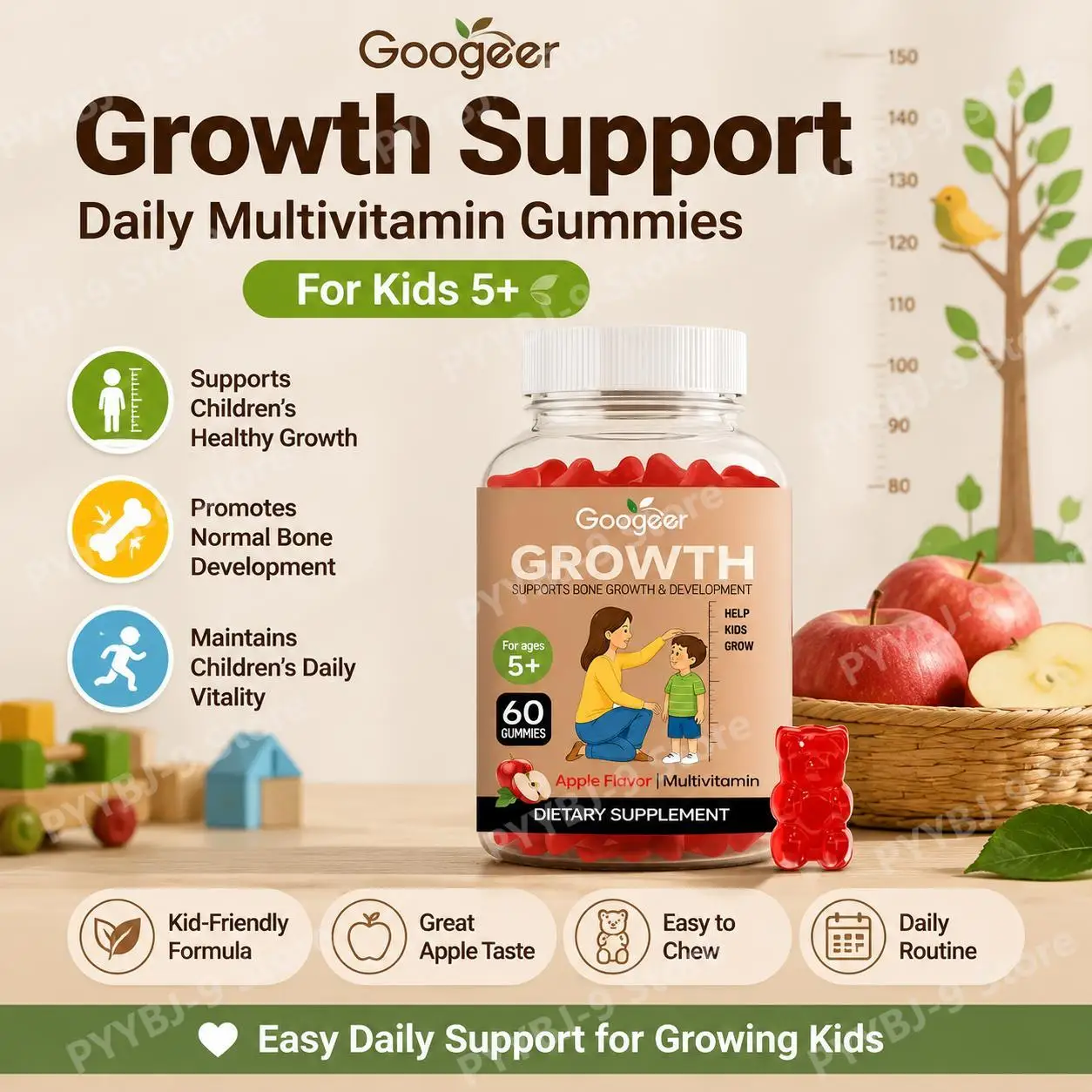 Kids Height Growth Support Gummies with Essential Growth Nutrition and Multivitamin Supports Healthy Height & Bone Development