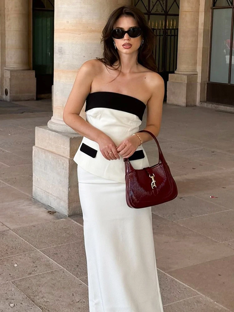 TARUXY Fashion Slim Skirt Suit Women's Elegant Sexy Contrast Color Strapless Top High Waist Split Long Skirt Party Outfits Lady