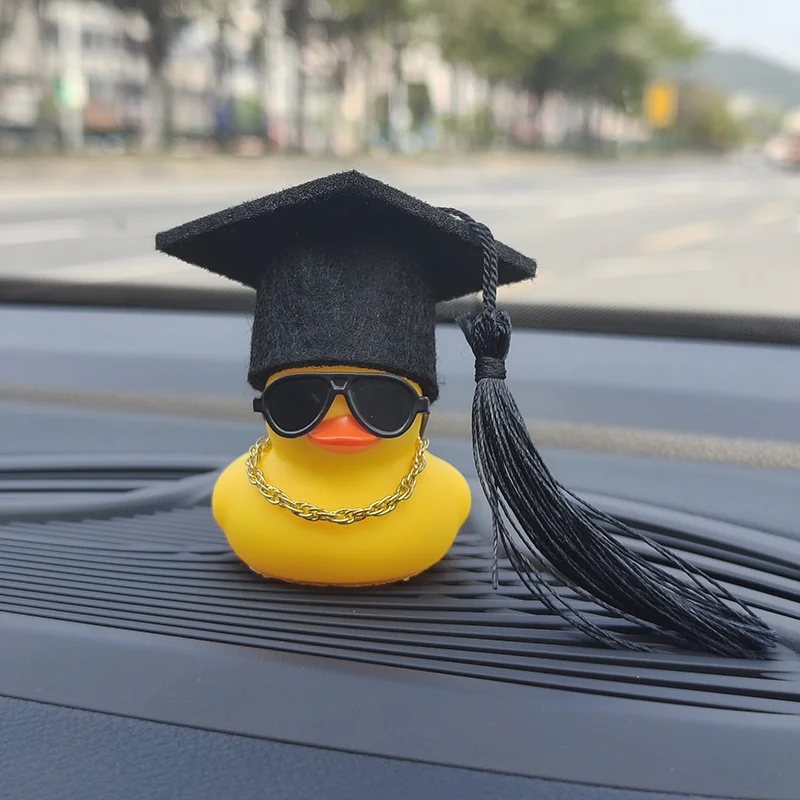Graduation Hat Yellow Rubber Duck Car Dashboard Decoration with Tassel Sunglasses Gold Chain Graduation Season Gift Ornament