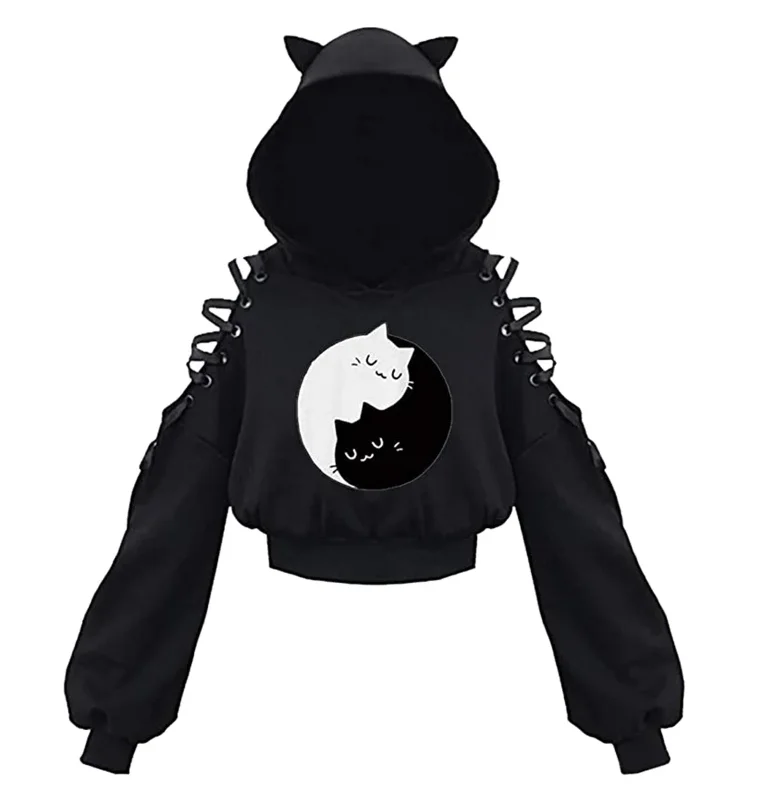 الملابس النسائية بلون القوطية Hoddies المرأة البلوز الجوف خارج كم طويل مقنع بلوزة كاجوال الصيف الخريف Y2k