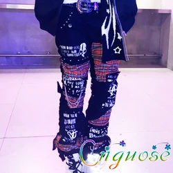 Mens Kill Matt Punk Rock style Japanese hole Skull Pattern Plaid Rivet Pants Streetwear neutral Womens 2023