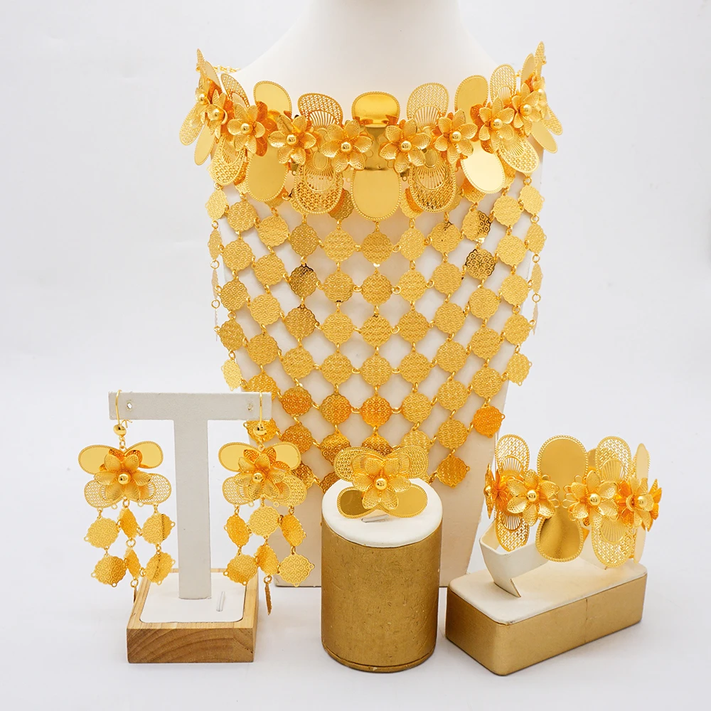 Luxurious jewelry long wide body jewelry set 24k gold-plated women\'s banquet wedding necklace set