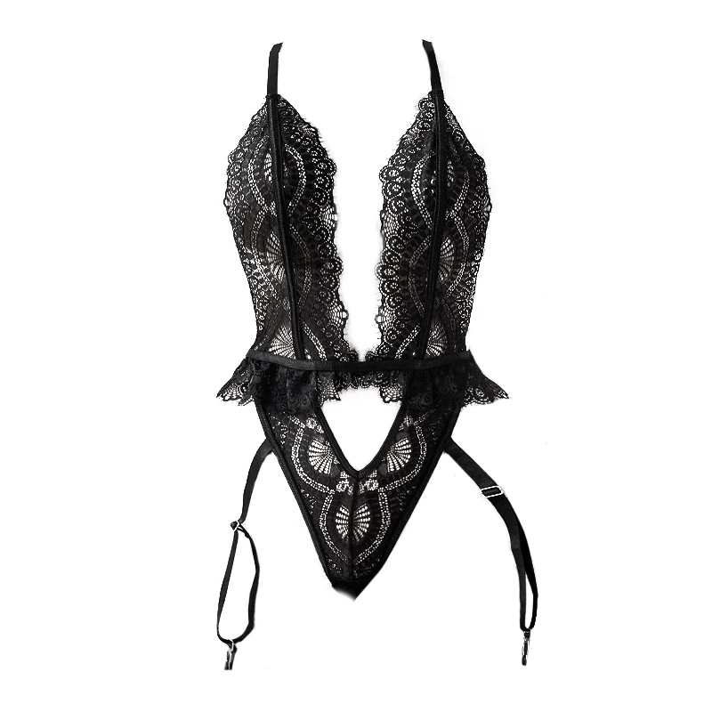 

Women's Sexy Lingerie Set Deep V Bodysuit with Lace Straps Hollowed-out Backless Design for Trendy Underwear