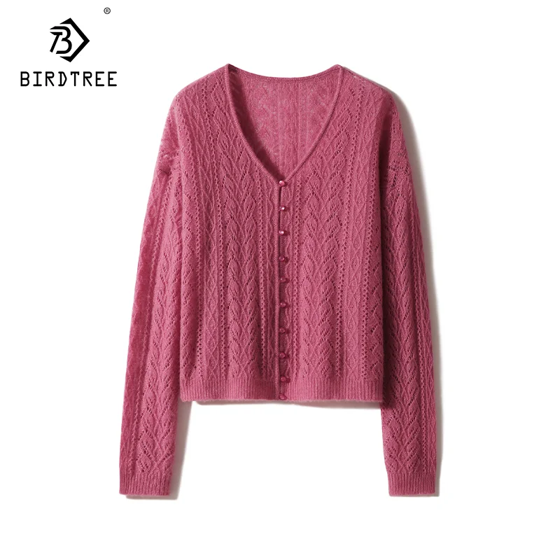 Birdtree, 77% Cashmere 23% Silk, Women's Elegant Cardigan, Crochet, Fashion Soft Sweaters, 2024 Autumn Winter New Top C49608QM