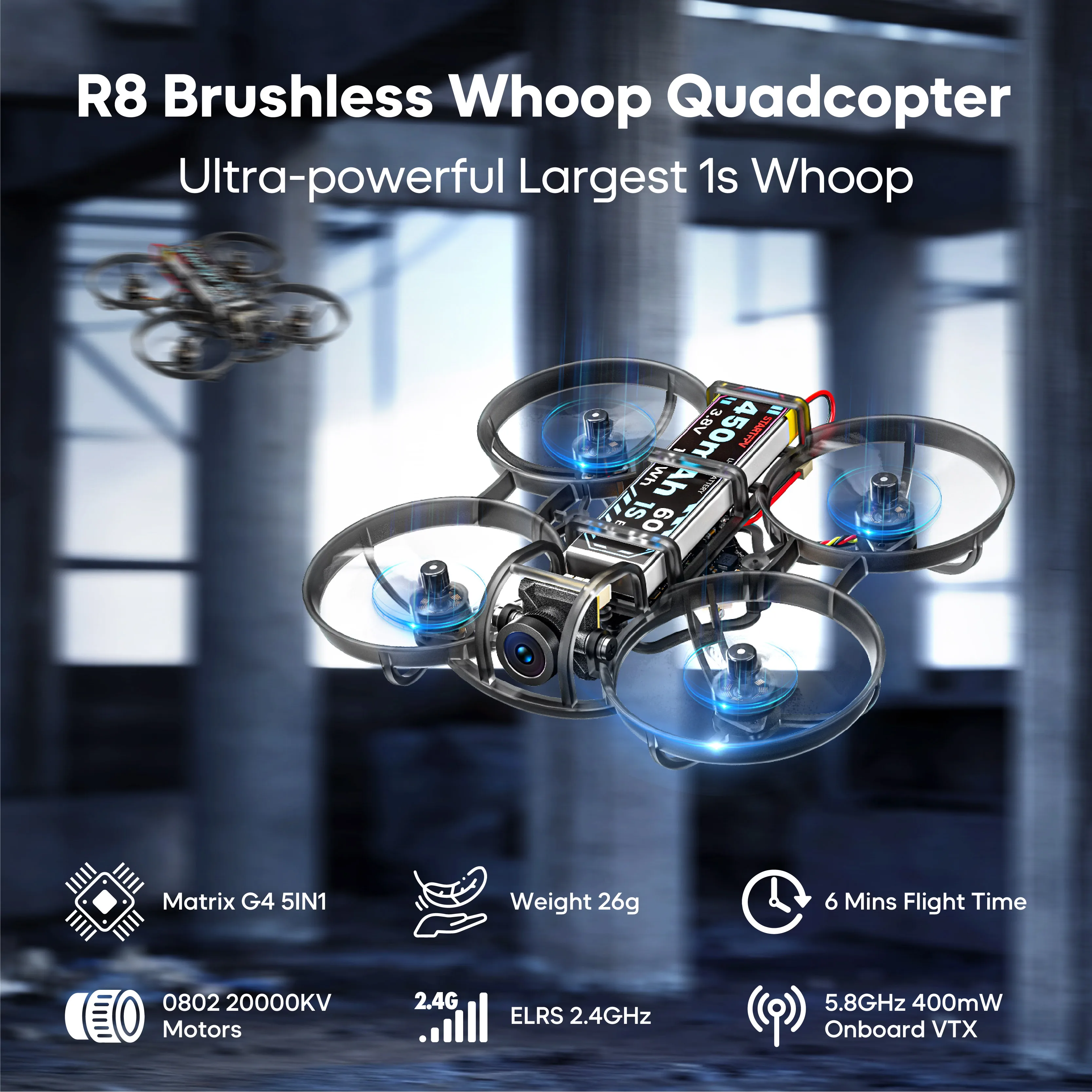 R8 80mm Brushless Whoop Quadcopter, 5IN1 Racing Freestyle Mini Drone, 1S 60C 450mAh Battery Indoor Beginner Training RC Aircraft