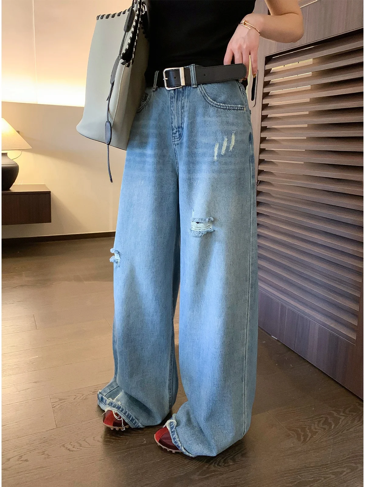 

Love Devil Fish Blue Denim Jeans Women's Loose Wide Leg Floor-Length Pants Spring New Style High Waist Button Closure