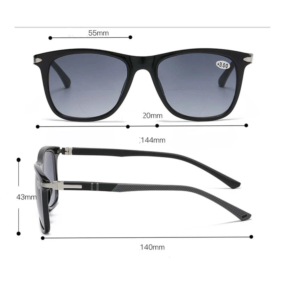 Handcrafted Light Weight Black Lenses Fashion Rectangular Bifocal Reading Sunglasses +0.75 To +4 See Near and Far