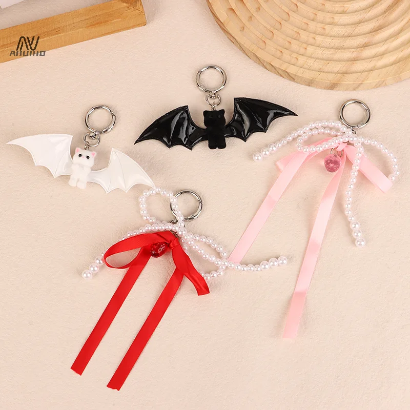 Halloween Flocking Bat Cat Keychain Sweet Cute Bow Pearl Keyring Phone Lanyard Bag Pendant Car Key Holder Couple Gifts