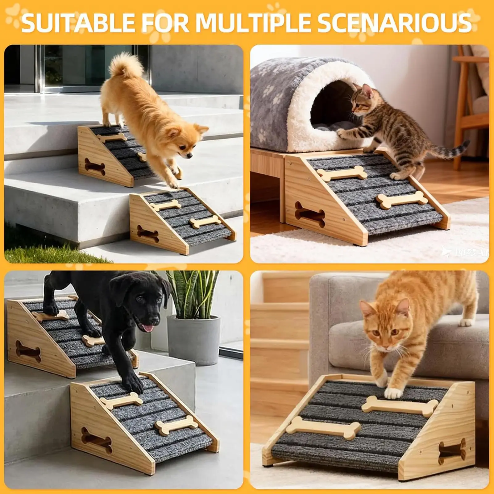 Pet Ramps For Stairs 2 Pieces Wooden Anti-slip Portable Wedges Dog Stair Helper Ramp For Senior Short-Legged Pets Indoor Outdoor