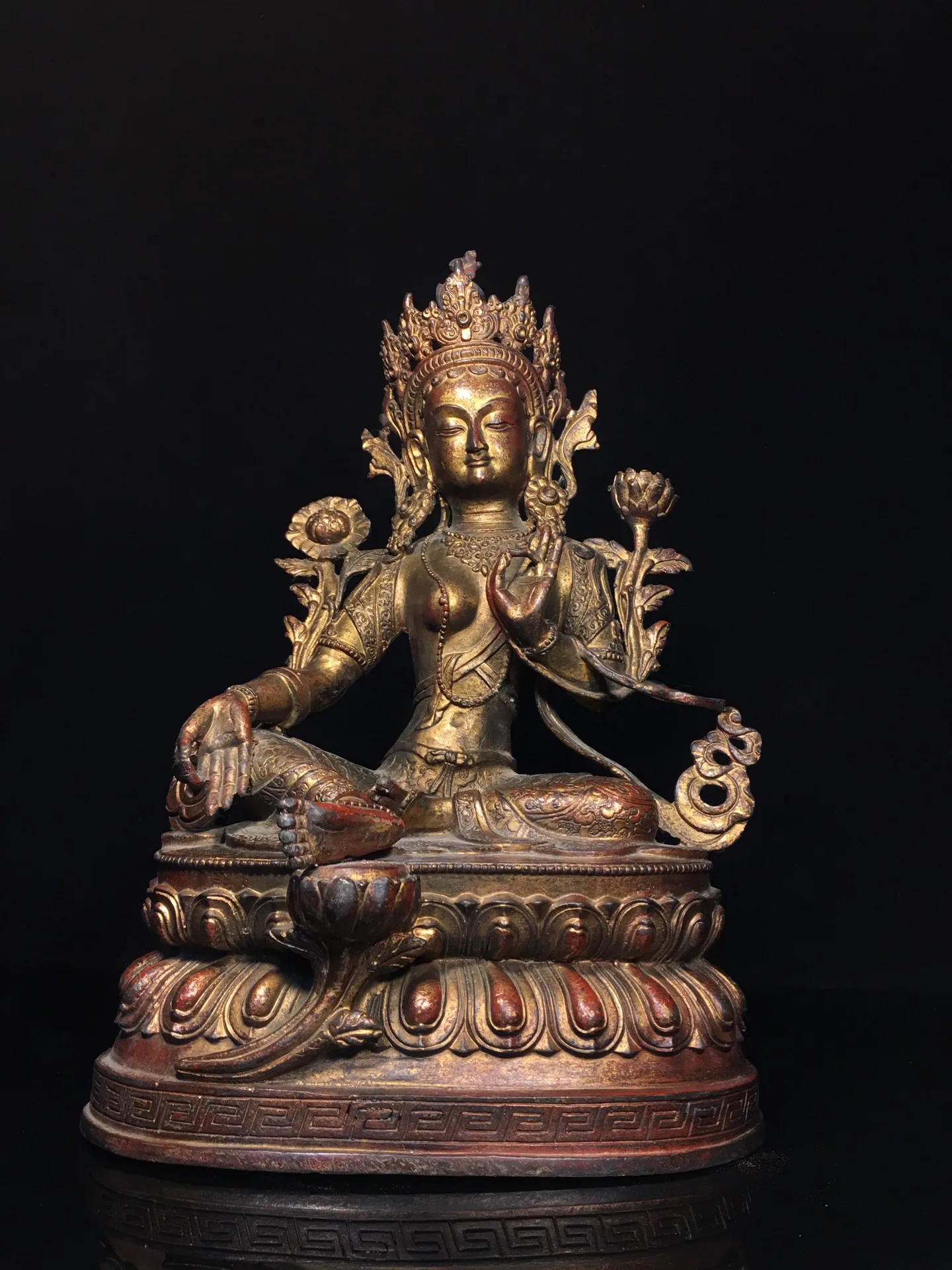 

14"Tibetan Temple Collection Old Bronze Cinnabar Mud gold Green Tara Bodhisattva Lotus Terrace Worship Hall Town house