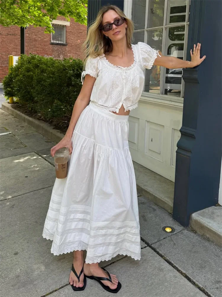 White High Waist Lace Long Skirt Female Pleated Casual Basic Summer 2026 Solid Loose Elegant Maix Skirt Women's Clothes Femme