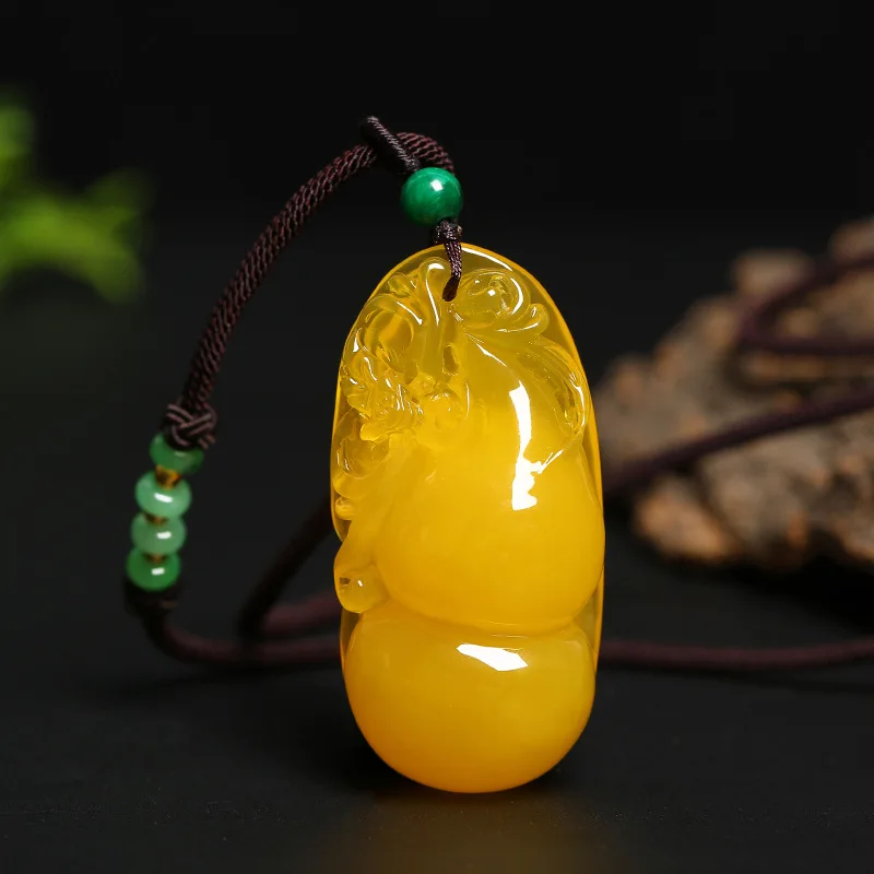 Exhibition Amber Honey Wax Gourd Money Bag Carving Pendant with Hanging Cord for Men and Women Carp Design