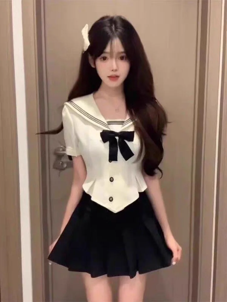 Korean Style Sweet Girl College Uniform Two-Piece Set Summer Fashion Casual Breathable Short Sleeve Button-Up Shirt And Skirt