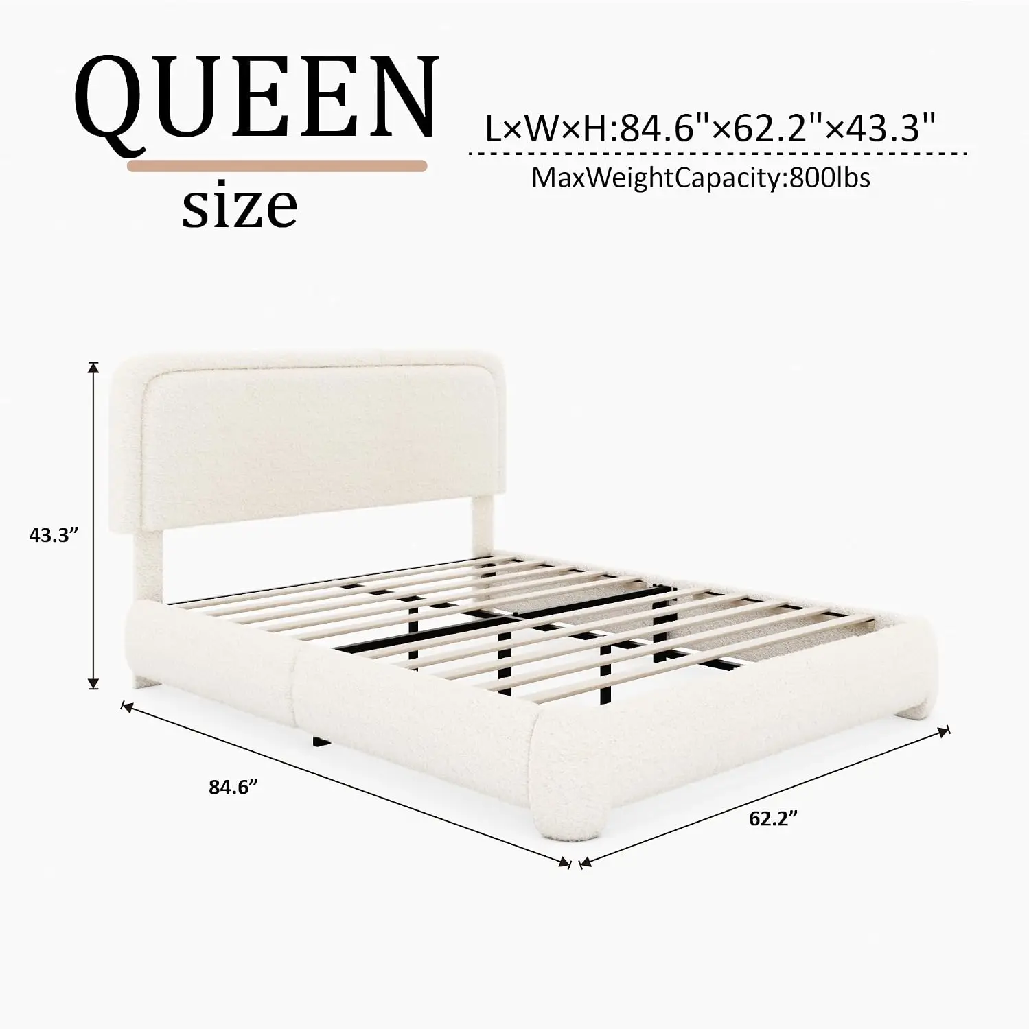 Queen Size Cloud Bed Frame with Adjustable Padded Headboard (43.3