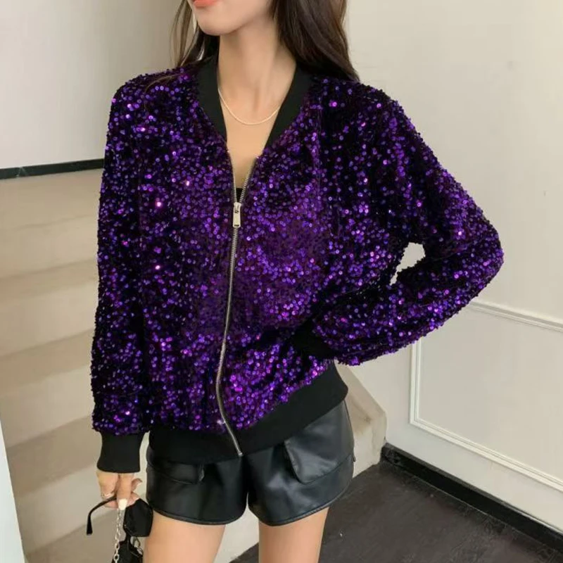 Damen Schwarze Pailletten-Bomberjacke Funkelnde Strass-Kurzjacke Glitzer-Blazer für Party Ausgehen Schicke Clubwear-Jacke Oberteile – Detail 7