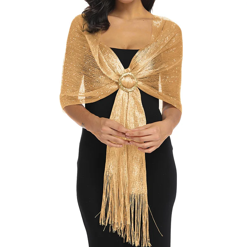 Gold Thread Tassel Scarf With Buttons Shawl For Women Luxury Glitter Silver Scarves Ladies\' Fashionable Simple Party Shawls