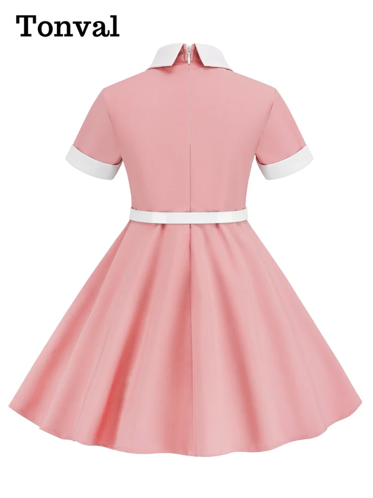 Tonval Turn Down Collar Button Front Vintage Childrenswear Short Sleeve Belted A-Line Kids Bridesmaid Dresses for Girls