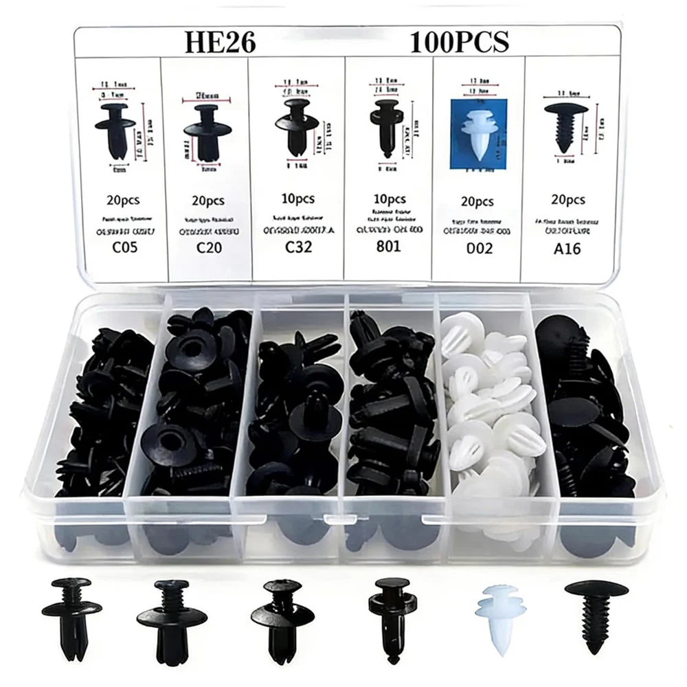 100 Pcs Bumper Clips Car Clips Plastic Rivets Fasteners Push Retainer Kit with Sizes Auto Push Pin Rivets Set for Most Models