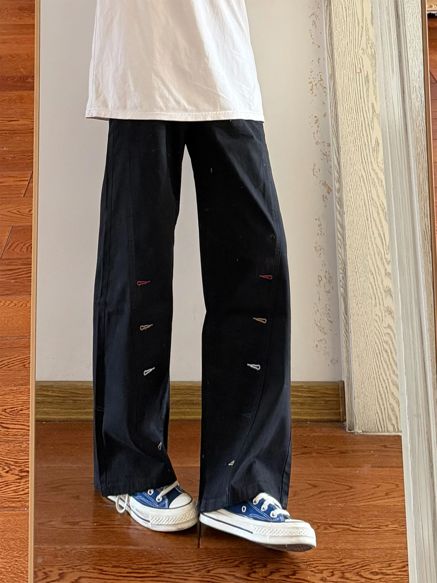 

Black Embroidered Slant Cut Knife Men's Jeans American High Street Vibe Straight Leg Micro Flare Pure Cotton Workwear Pants