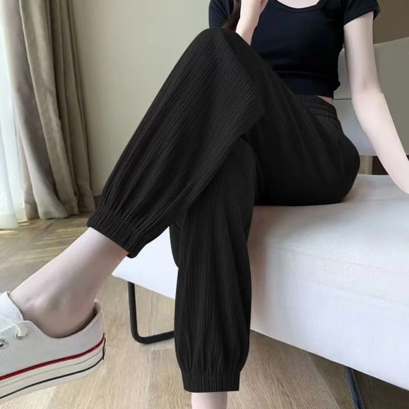 Quick Dry Sports Casual American Style Women's Pants Summer Thin White Cuffed Lantern Pants High Waist Long Polyester Fiber